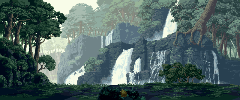 Pixel art waterfall in a forest